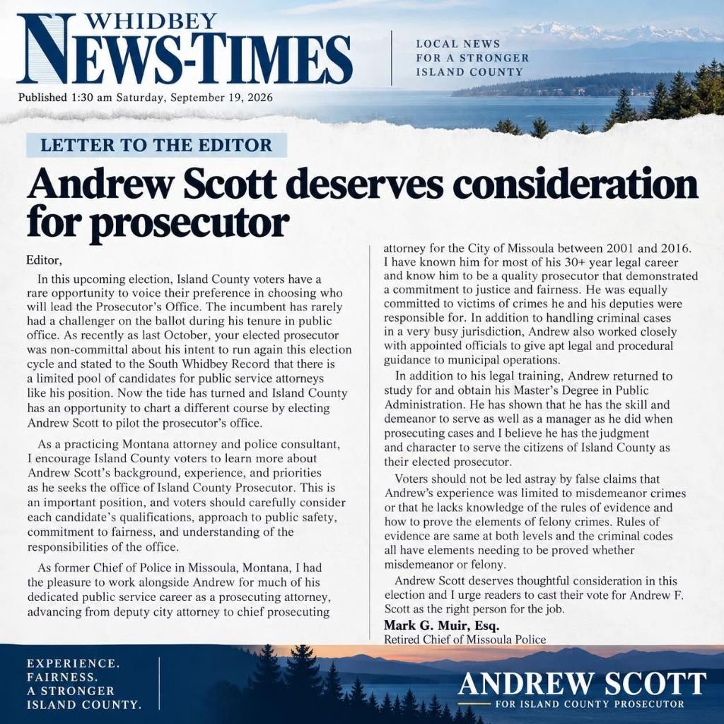 Letter to the Editor from Mark G. Muir, Whidbey News-Times, September 19, 2026, endorsing Andrew Scott for Island County Prosecutor